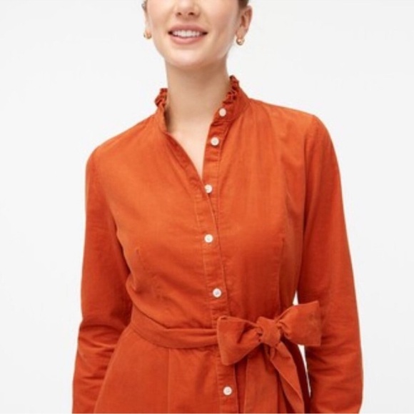 J. Crew burnt orange corduroy button down waist tie ruffle neck dress, size 18 - Picture 2 of 11